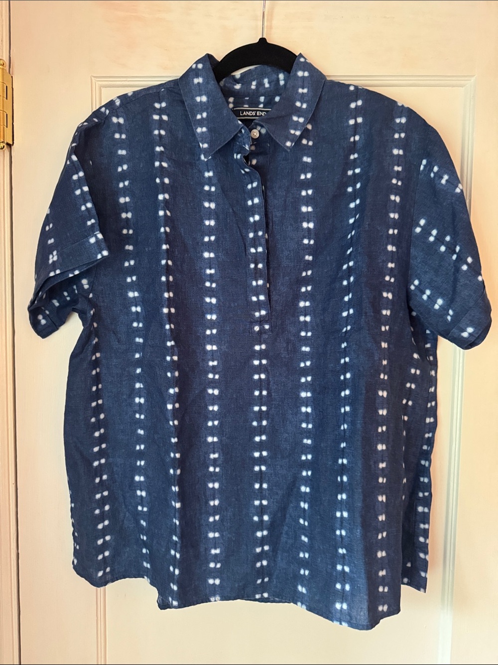 Lands' End Indigo and White Short Sleeve Shirt.  Covered buttons